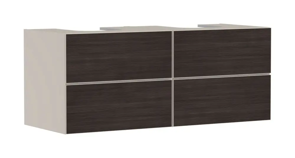 Waschtischunterschrank von Hansgrohe in Sandbeige mit vier Schubkästen, geeignet für zwei Aufsatzwaschtische, klare Linien und funktionales Design.